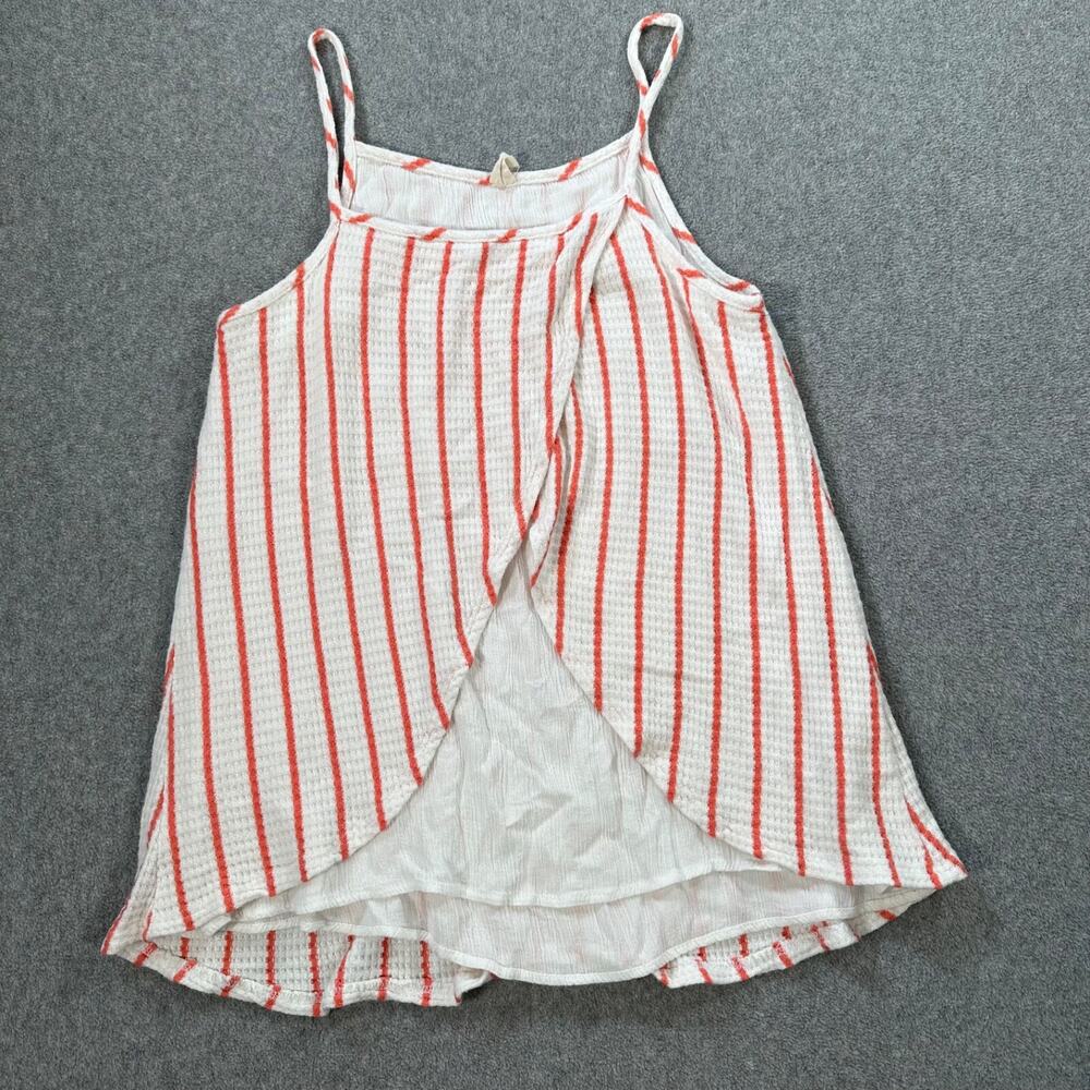 Lazy Sundays Waffle Knit Cross Over Tank Top Women's Medium Salmon White Stripe